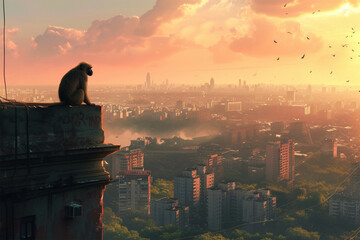a monkey on a tall building in the city - obrazy, fototapety, plakaty