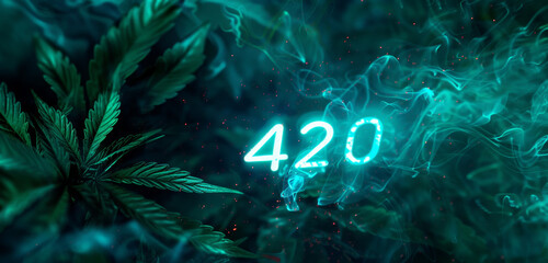 The neon cyan number 420 shines with laser light effects on a smokey background with cannabis leaf. - obrazy, fototapety, plakaty