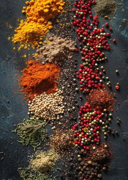 Different types of spices spilled on a dark background.