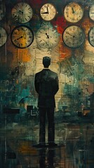 Post-modern minimalistic painting of a man standing in front of a wall of clocks