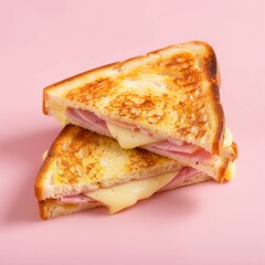 Fresh tasty toasts with ham and cheese on a pink background.