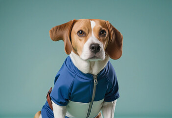 animal pet dog concept Anthromophic friendly beagle dog wearing jump suit studio shot on plain color wall - obrazy, fototapety, plakaty