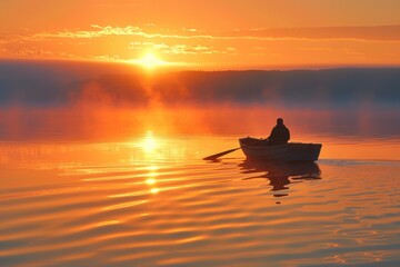 A person is seen rowing a boat on a tranquil lake as the sun sets, casting a warm glow across the...