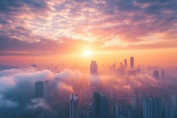 The sun is casting a golden glow as it sets over a city, illuminating the towering buildings, A sunrise over a city, symbolising new investment opportunities, AI Generated - obrazy, fototapety, plakaty