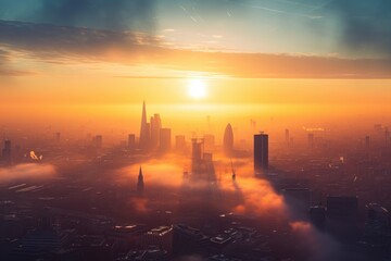 A photo capturing the sun setting over the bustling city of London, casting a warm glow on its iconic skyline, A sunrise over a city, symbolising new investment opportunities, AI Generated - obrazy, fototapety, plakaty