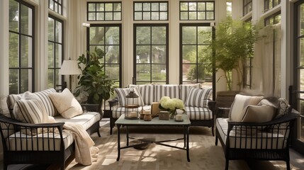 Fototapeta premium Sunroom in soft creams and tans plus black metal and glass furnishings.