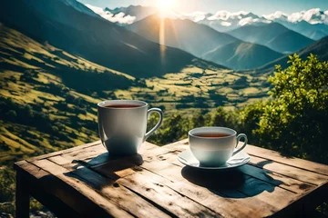 Poster Cup with tea on table over mountains landscape with sunlight. Beauty nature background © Muhammad