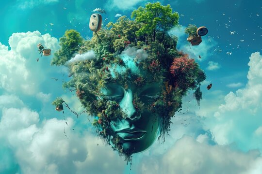 A mans face is seen against a backdrop of towering trees and billowing clouds, A surreal representation conveying the dream-like nature of an ASMR podcast, AI Generated