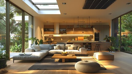 An open-concept living room bathed in sunlight, with cozy furniture and a forest view, showcasing modern interior design.