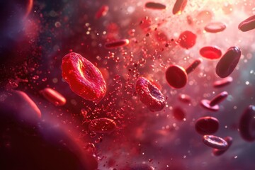 A collection of red blood cells suspended in mid-air, showcasing their movement and interaction, A surrealistic view of red blood cells in a dreamlike setting, AI Generated