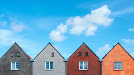 Fototapeta na wymiar Row of brick houses standing adjacent, each displaying a unique hue of red brick against a backdrop of clear blue sky, viewed from a flat perspective. The houses are uniform in design