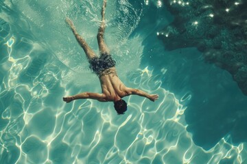 A man confidently swims freestyle in a sparkling blue swimming pool, A swimmer diving into a crystal-clear pool, AI Generated