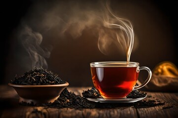 A Cup of freshly brewed black tea escaping steam warm soft light, darker background. - obrazy, fototapety, plakaty