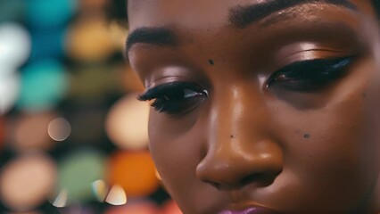 A woman trying out a new makeup palette at a cosmetics counter her eyes lit up with anticipation of her discounted makeover.