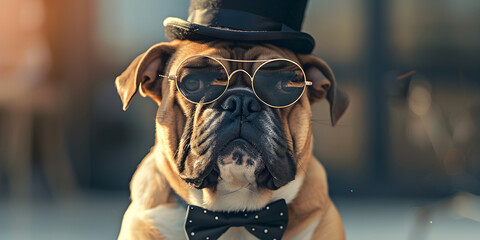 Dog Dressed Fancy Illustrations, bulldog dog posing with hat 