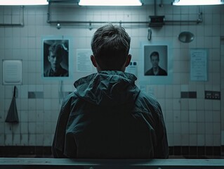 A teenager sitting alone on a bench in a sterile room, staring at a photograph of their genetic donor - obrazy, fototapety, plakaty