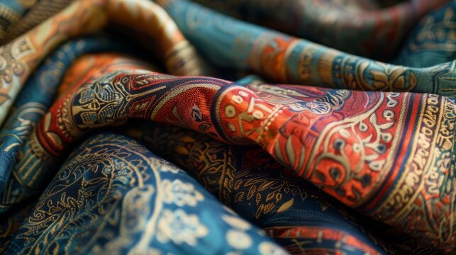 Exquisite folds adorn this traditional oriental fabric, showcasing intricate Indian patterns