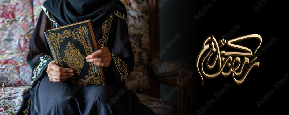 Sticker Ramadan Kareem Social Media Banner with Golden Arabic Calligraphy and Muslim Female Holding Holy Book, Fictional Character Created By Generative AI.