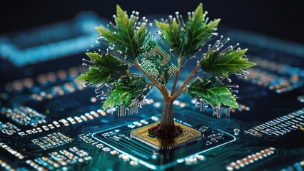 Supper techonology concept, A Young Glowing plant growing on computer chip representing digital ecology business and blurred background, Natural, Tech, light, night.	