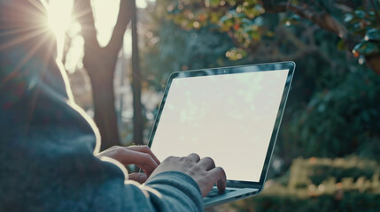A person is working on a laptop with a blank screen on a wooden desk, suggesting a modern and comfortable remote work setting.