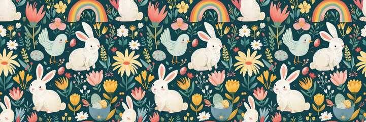 Bunnies, chicks, eggs among spring flowers and colorful rainbows. Generative AI.