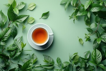 Cup of tea surrounded by green leaves. Generative AI