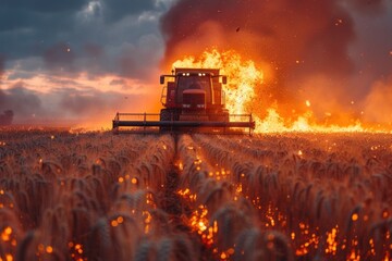 Tractor driving through field of fire. Generative AI - obrazy, fototapety, plakaty