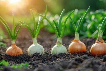 Group of onions growing in the dirt. Generative AI - obrazy, fototapety, plakaty