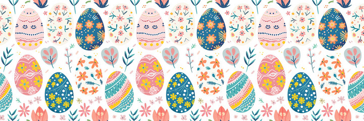 Seamless pattern of Easter eggs, each of which is decorated with patterns of flowers. Generative AI