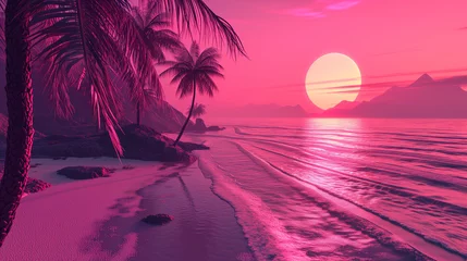 Tragetasche Retrowave Scape with Sunset and Palm Silhouettes. © vlntn