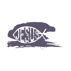 Christian religion symbol fish on grunge brush stroke with Jesus name inside.