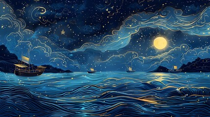 Enchanting Nocturnal Seascape with Sailing Ship under Starry Skies and Glowing Moon - obrazy, fototapety, plakaty
