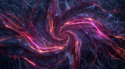 Dark grunge stone texture and purple orange glowing neon spiral abstract background. Generative AI