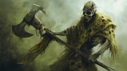 Obraz premium Terrible skeleton with a battle axe. Generative AI