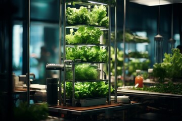 Detailed machinery in vertical farm amidst vibrant, lush greenery with intense illumination