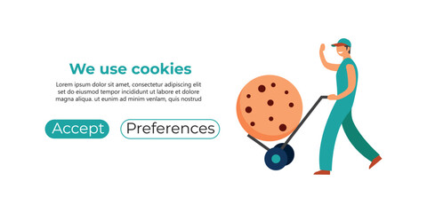 Man carries with biscuit cart. Cookie protection of personal information internet web pop up we use cookie policy notification