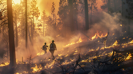 firefighters battling a forest fire - obrazy, fototapety, plakaty