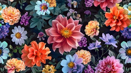 Snapdragon poppy jasmine dahlia flowers seamless texture style. - obrazy, fototapety, plakaty