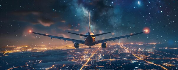 The plane flies over the illuminated city at night, stars in the sky, clear night. - obrazy, fototapety, plakaty
