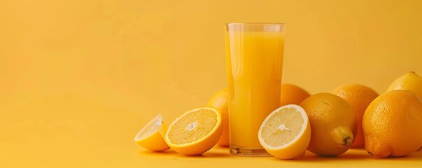 Naklejka premium Fresh orange juice in a glass on a yellow background, fresh oranges and lemons around the glass.