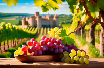 A close-up photo of a bunch of grapes on a sunny day. There is an old castle in the background....