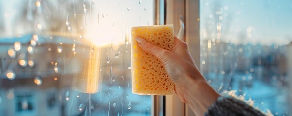 A hand holds a sponge for washing windows. - obrazy, fototapety, plakaty