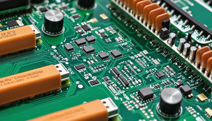 Automated Software Patching chipset industry curcuit board assemble closeup technology of mother board chipset for electric equipment device modern technology ideas concept - obrazy, fototapety, plakaty