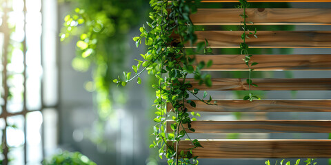 Greenery on Wooden Slats - Indoor Plant Partition. Lush green plants weaving through wooden slats, Slatted wooden partition for zoning in a room. - obrazy, fototapety, plakaty