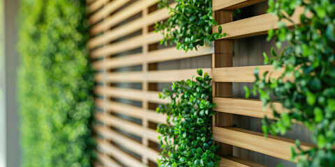Greenery on Wooden Slats - Indoor Plant Partition. Lush green plants weaving through wooden slats, Slatted wooden partition for zoning in a room. - obrazy, fototapety, plakaty