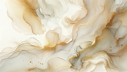 Abstract fluid flowing art by alcohol ink white cream tone and soft gold with copy space text. For banner, background in concept luxury, dreamy, heaven.
