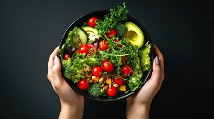 Woman's hands holding a bowl with salad with tomatoes, chicken, avocado, green leaves, top view. - obrazy, fototapety, plakaty