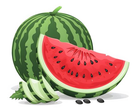 Watermelon with leaves cut down half and sliced isolated on white background