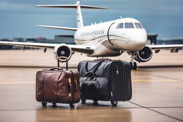 Private jet plane and suitcase. A businessman moved his luggage to a jet aircraft hangar for an overseas business trip. business concept.