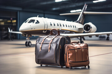 Private jet plane and suitcase. A businessman moved his luggage to a jet aircraft hangar for an...